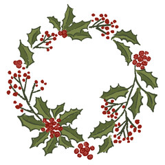 Christmas vector illustration of wreath with holly and red berries