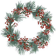 Christmas wreath of spruce and holly berries. Vector illustration