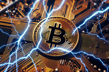 Fototapeta premium Bitcoin symbol is prominently displayed on circuit board, surrounded by electric sparks, symbolizing dynamic energy and digital nature of cryptocurrency