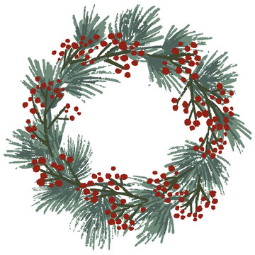 Christmas wreath of spruce and holly berries. Vector illustration