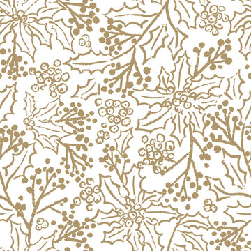 Gold grunge holly and berries on white, Christmas seamless vector pattern