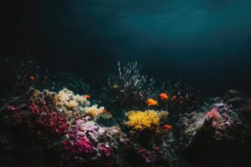 Fototapeta premium Moody Underwater Realm: Dark and Intriguing Autumnal Flora Amidst Coral and Vibrant Marine Life