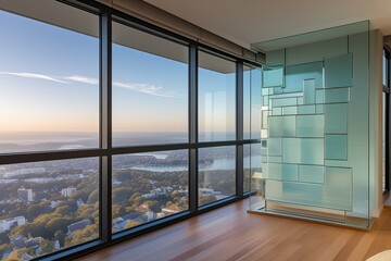 Obraz premium Stunning Penthouse Window with Panoramic Views and Modern Glass Design on Soft-Tinted Background