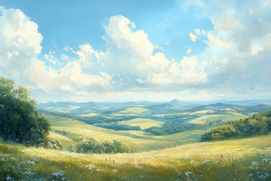 Sunny landscape, rolling hills, wildflowers, blue sky.
