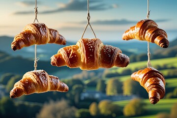 Delectable Croissants Floating Over a Breathtaking Landscape for an Unforgettable Weekend Breakfast