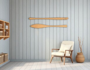 Cozy interior mockup shows farmhouse living room. Light grey wooden plank wall creates calm atmosphere. Simple wooden furniture including comfortable armchair, wooden shelves with baskets. Wooden