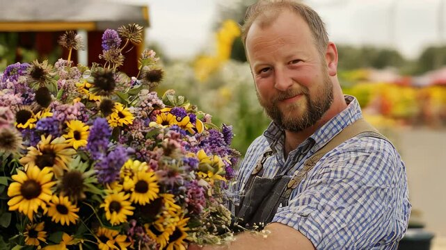 Flower vendor proudly holds a vibrant bouquet of sunflowers and wildflowers at a local market in summer