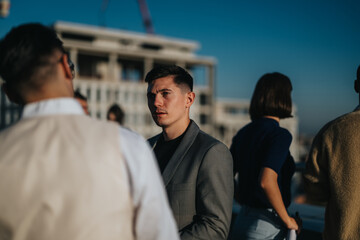 Fototapeta premium A group of diverse business employees engaged in a brainstorming session on a rooftop. Multiracial business associates are analyzing and discussing ideas together in a collaborative environment.