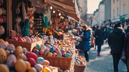 A bustling Easter market in a European square, with decorated stalls selling eggs and crafts