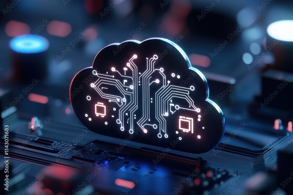 Poster a cloud icon with circuit patterns inside, symbolizing the connection between clouds and technology 