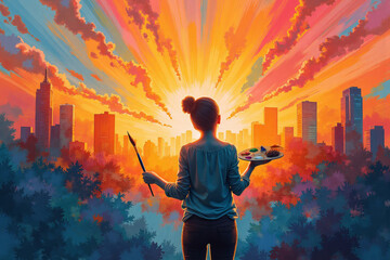 Fototapeta premium Silhouette of a young artist holding a palette and brush, gazing at a vibrant sunset over a city skyline