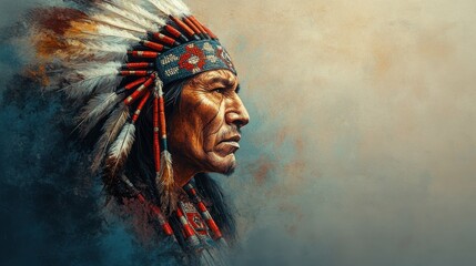 Profile portrait of a Native American man in traditional headdress. Rich, earthy tones and a contemplative mood.