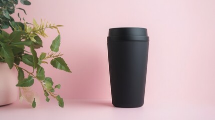 A sleek black travel mug stands on a pink background, next to a leafy green plant. Minimalist aesthetic.
