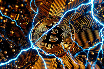 Fototapeta premium glowing Bitcoin symbol is prominently displayed on detailed circuit board, surrounded by electric blue lightning, symbolizing dynamic energy and digital nature of cryptocurrency