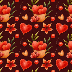 Cotton fabric watercolor seamless pattern featuring red hearts, flowers, balloons, and green leaves, symbolizing love and romance. Perfect for Valentine's Day cards, wrapping paper, and festive designs