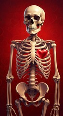 Bone Skeleton with in Heart Shape in Chest, Happy Valentine Holiday Card, Love & Romance Art