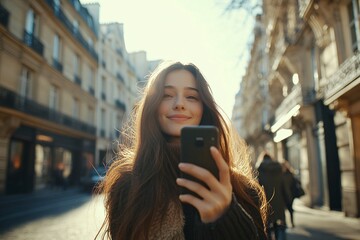 Slavic girl with long brown hair, taking a picture with her smartphone on a Paris street, historical buildings, clear sky, happy expression, close-up of her face, morning light 1