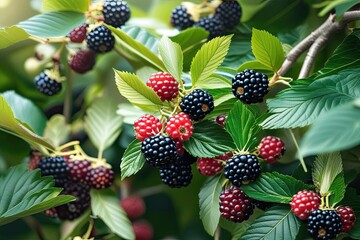 Mesmerizing Movement of Juicy Mulberries Amidst Vibrant Green Foliage in Summer Bliss