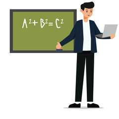 The teacher is standing in front of the blackboard explaining the material on a laptop