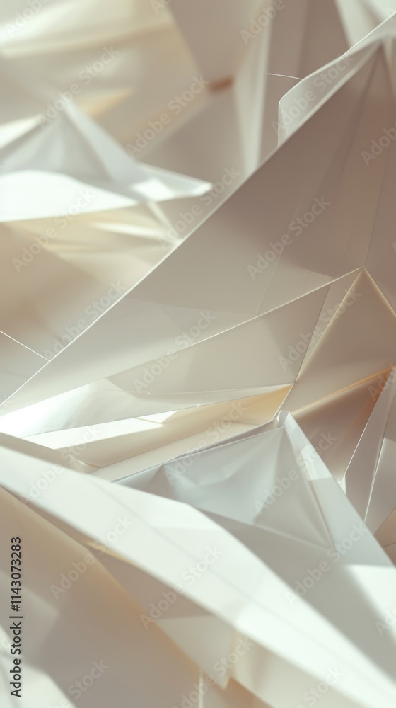 Poster minimalistic close-up of white geometric shapes with folded, angular surfaces, creating a clean and 
