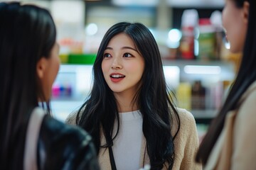 Obraz premium Portrait of a female office gossiping, with long black hair, discussing something funny with a colleague, in a retail environment 5