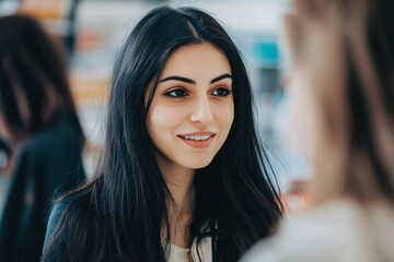 Obraz premium Portrait of a female office gossiping, with long black hair, discussing something funny with a colleague, in a retail environment 3