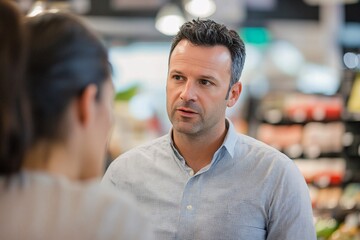 Obraz premium Office gossiping man with dark hair, mid-40s, wearing a shirt, discussing something with a retail associate in a busy store environment 3