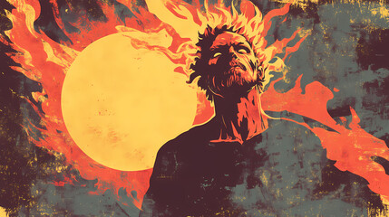 Fiery embodiment of wrath standing under a blazing sun. Brimstone. Illustration