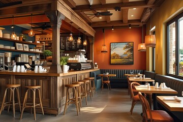 Cozy Cafe Interior Design with Vintage Wood Features and Warm Color Palette