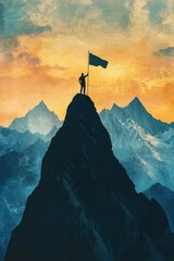 Silhouette raises flag atop mountain peak, sunset.