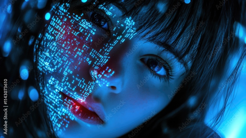 Poster futuristic editing: digital technology in cyberspace with abstract code and music elements