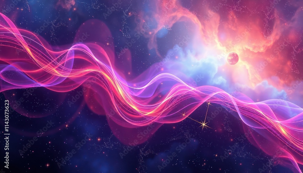 Poster colorful wavy lines flow through nebula-like space. dynamic energy connects starry points, scattered
