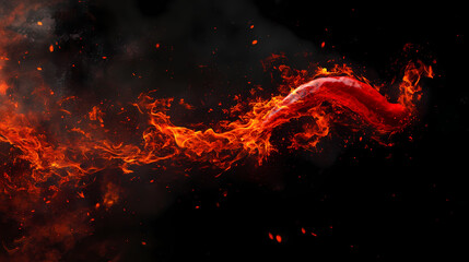 Fiery red hot chilli pepper engulfed in flames on dark black background, showcasing intense heat and spice, creating a dramatic and eye-catching visual effect. Brimstone. Illustration
