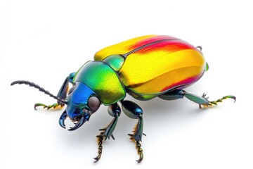Vibrant Rainbow Beetles: A Macro Collection of Colorful Stag Beetles in Yellow, Red, and Green on White Background