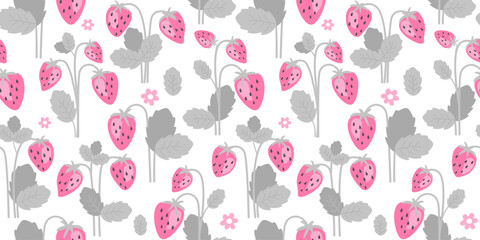 Seamless pattern with strawberry plant with leaves, flowers. Abstract summer print with berries. Vector graphics.
