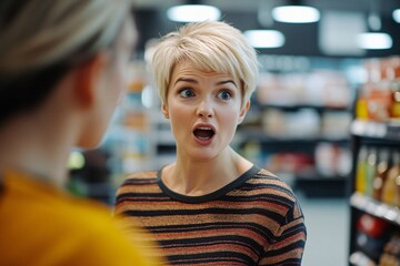 Close-up of an office gossiping woman with short blonde hair, expressing surprise while chatting with a retail associate in a store 2