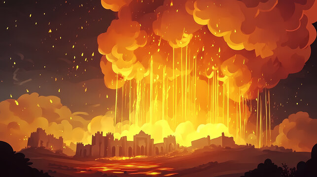 God punishes sodom and gomorrah by raining sulfur and fire from heaven, biblical story. Brimstone. Illustration