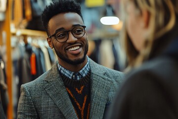 Close-up of a male office gossiping, wearing a suit, talking enthusiastically to a retail associate in a professional environment 2