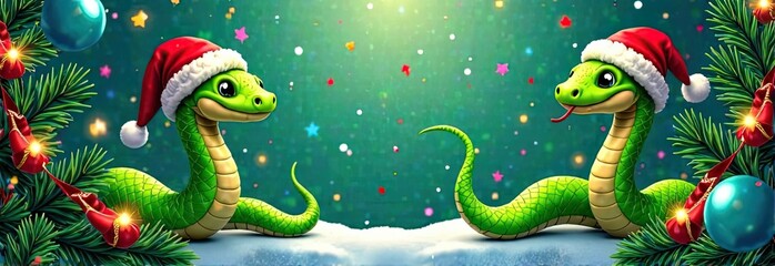 Obraz premium Two cheerful green snake figurines wearing Santa hats, surrounded by colorful festive lights and ornaments, appear on a snowy surface against a vibrant, starry background