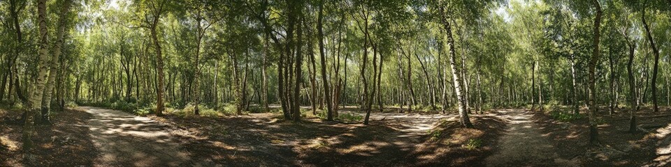 Obraz premium Lush White Birch Grove in Summer: Expansive Panoramic Landscape of Nature's Green Wonderland