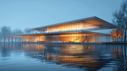 Modern architectural structure by a tranquil water body, illuminated in the evening.