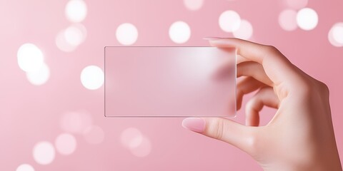 Obraz premium Hand Holding Transparent Card on Pink Bokeh Sparkling Light Background