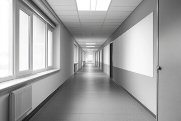 Fototapeta premium Contemporary Gray Office Corridor with Mock-Up Wall and Natural Light from Windows