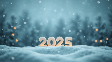 Snowy 2025 numbers illuminated in winter landscape for New Year celebration and holiday spirit