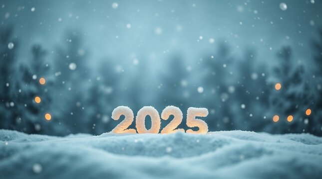 Snowy 2025 numbers illuminated in winter landscape for New Year celebration and holiday spirit