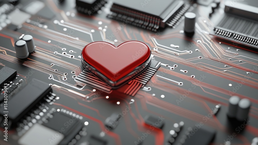 Poster heartfelt connection: love technology concept featuring heart on a futuristic microchip with pulsing