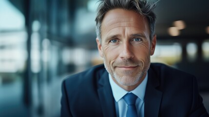 Fototapeta premium confident male business executive with distinct features posing for professional portrait, office environment, emphasizing authority and professionalism.