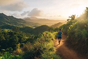 Obraz premium An athletic man jogging along a dirt trail surrounded by lush greenery and distant mountains, sunrise light creating a golden glow, dressed in sporty attire, medium-wide shot 1