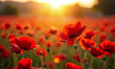 Fototapeta premium Red poppies field golden sunset warm light bokeh