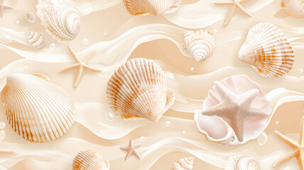 A seamless pattern of exotic seashells and starfish on a soft sandy-beige gradient, featuring delicate wave details, perfect for beach-themed designs.